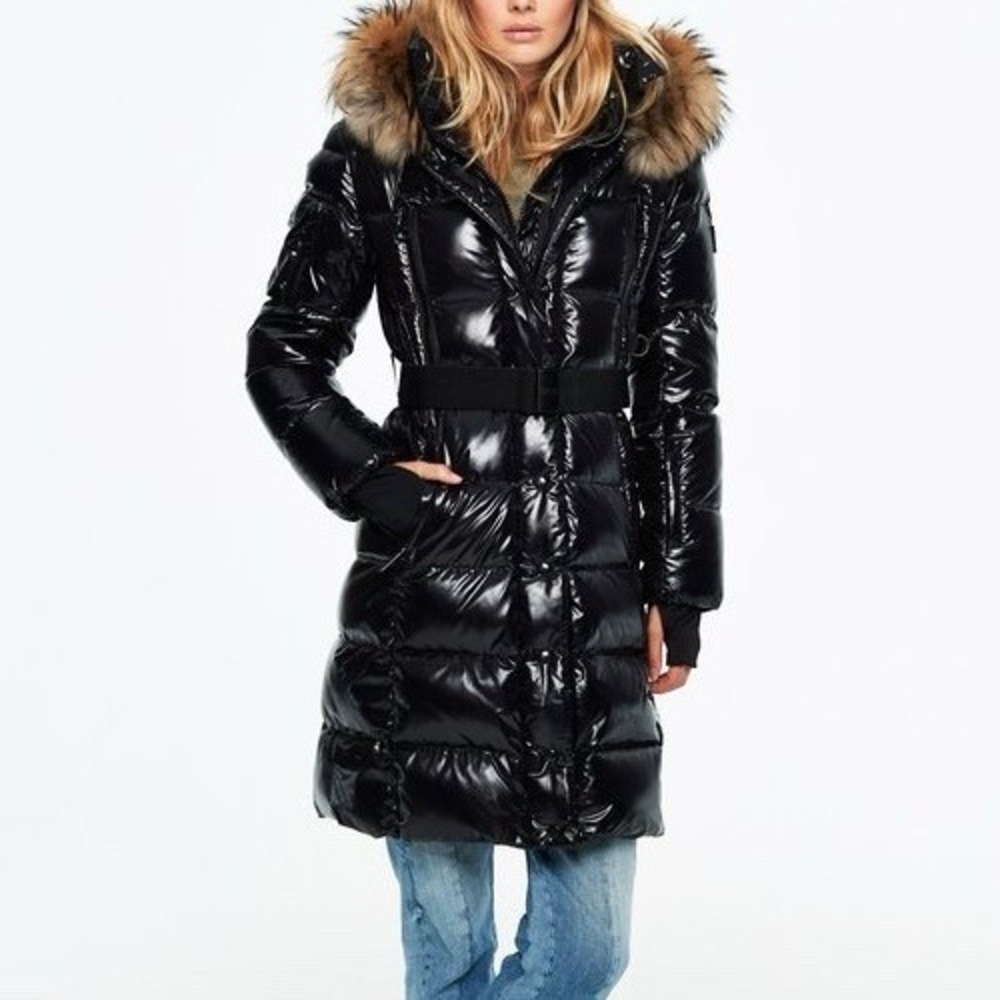 Sam New York Belted Goose Down Jacket Black Hood Infinity Raccoon Fur XS $995